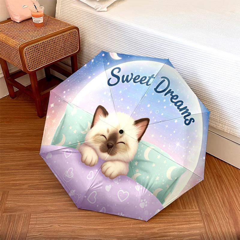 1 PC Automatic Folding Umbrella - Sleeping Cute Cat Pattern, Portable & Foldable Design with 8 Ribs, Christmas Birthday Gifts