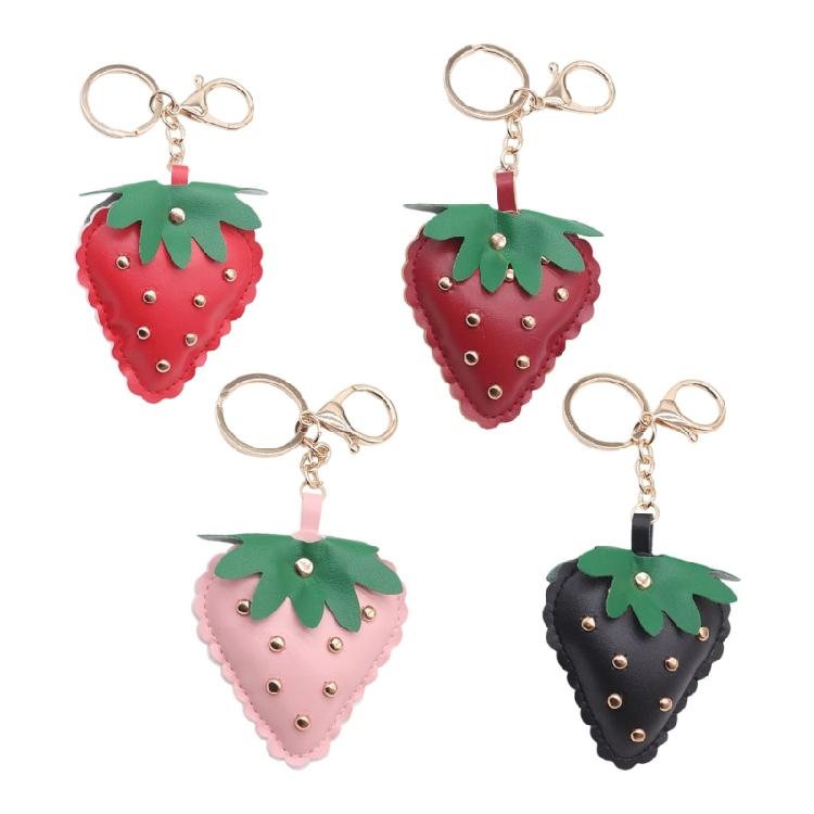 Compact Studded Strawberry Car Keychain PU Leather Accessory Handmade Key Chain Accessories For Everyday Use