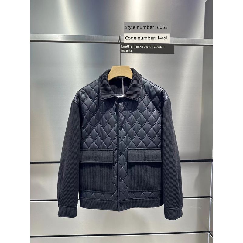 Trade Clearance Trendy Fleece-Lined Leather Jacket for Men, New Autumn and Winter Style, Turn-Down Collar, Diamond Pattern, Casual Workwear Coat
