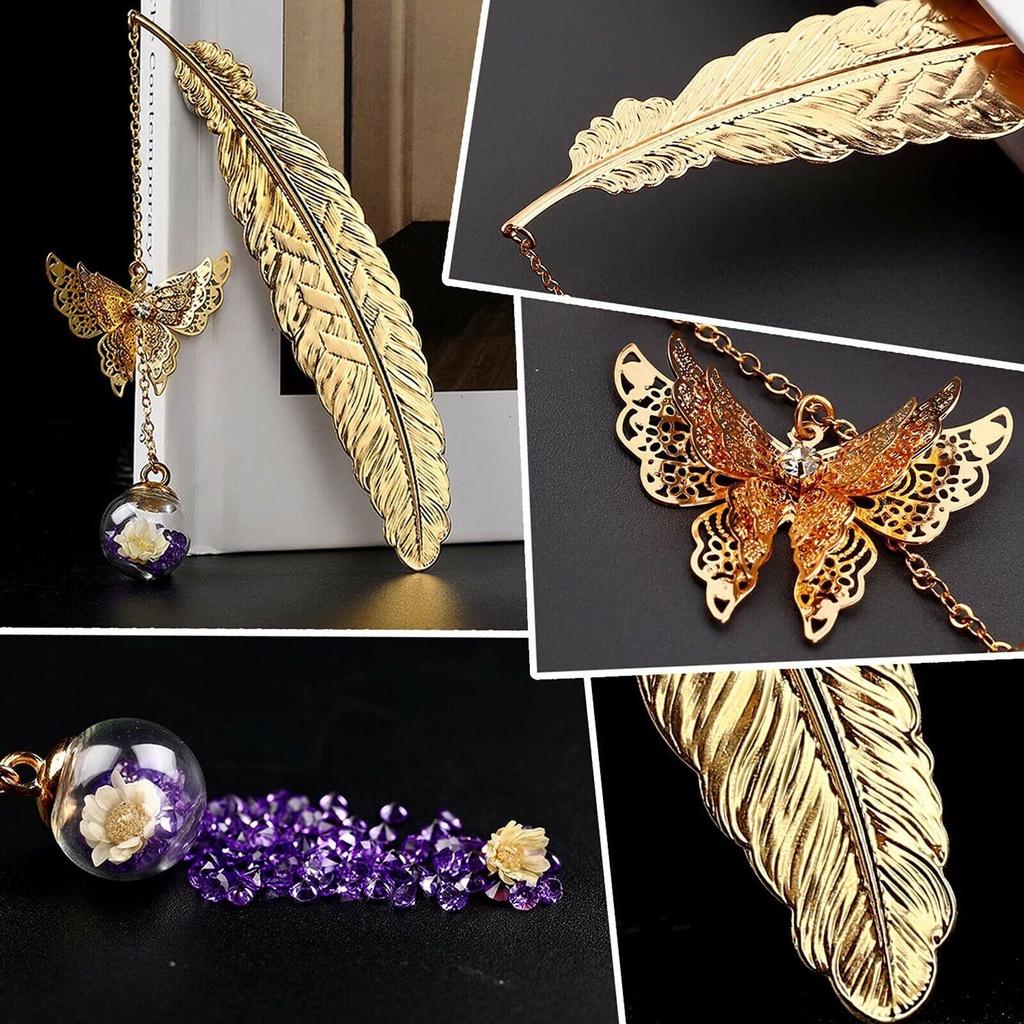 Vintage Metal Butterfly Feather Bookmark With Realistic 3d Pendant