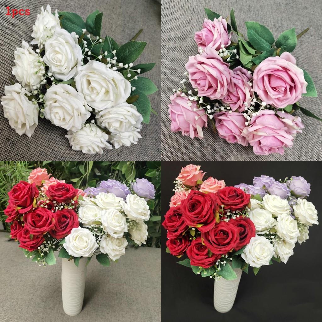 Silk Rose Realistic Bouquet 9 Stems Wedding Photography Props Decoration Home
