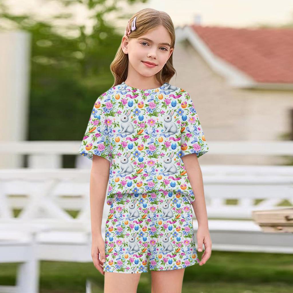 Kid Patriotic Outfit - Short Sleeve & Shorts 2-Piece Set For Girl Easter Day