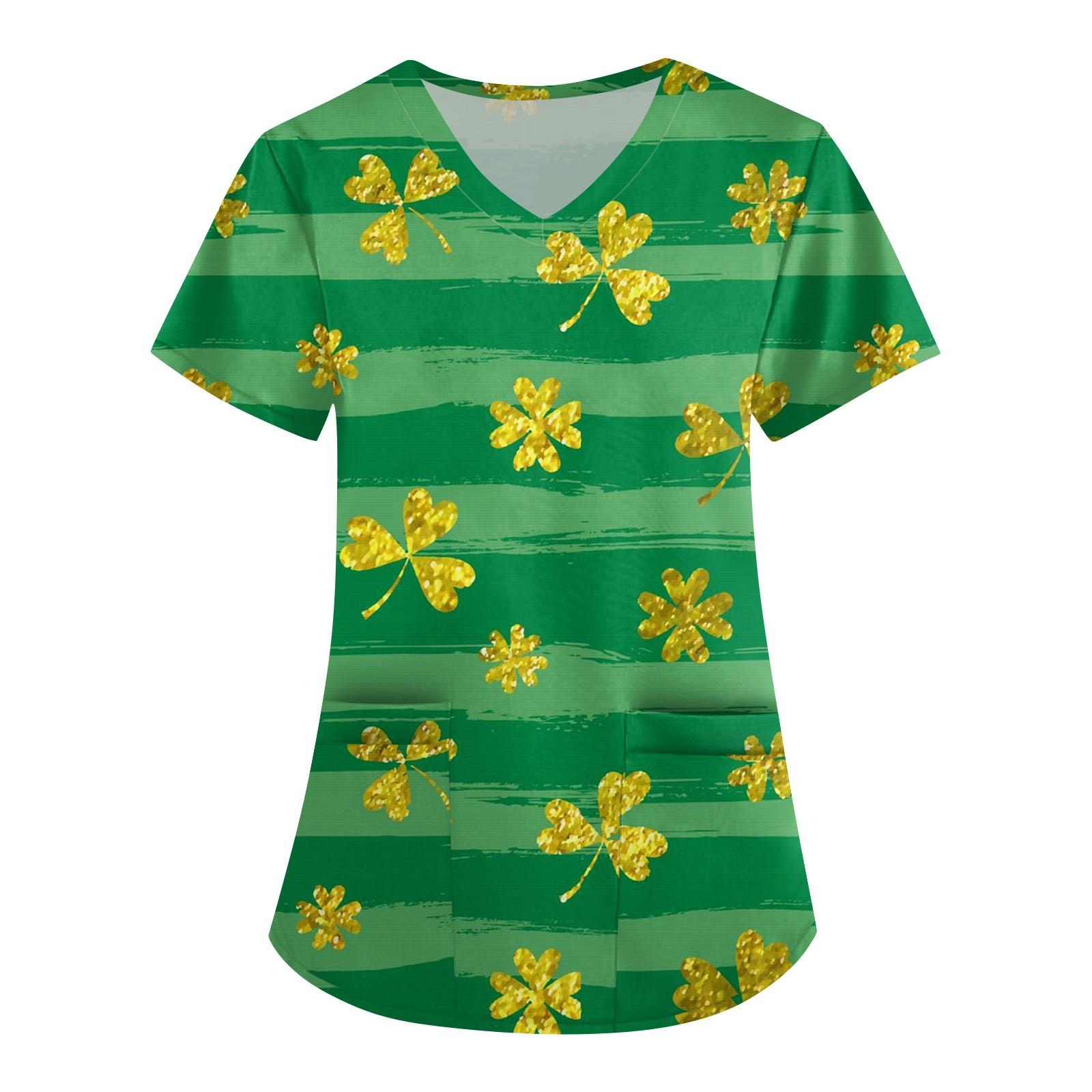 

Женская симпатичная принтованная рабочая одежда с V-образным вырезом, двухслойными карманами, базовым коротким рукавом, пуловером L армия зеленый