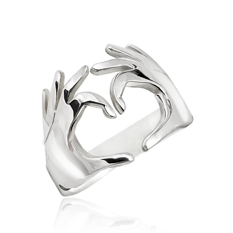 Huitan Double Hand Heart Love Couple Rings Fashionable Adjustable Opening Rings for Women/Men Hug Hands Design Trendy Jewelry
