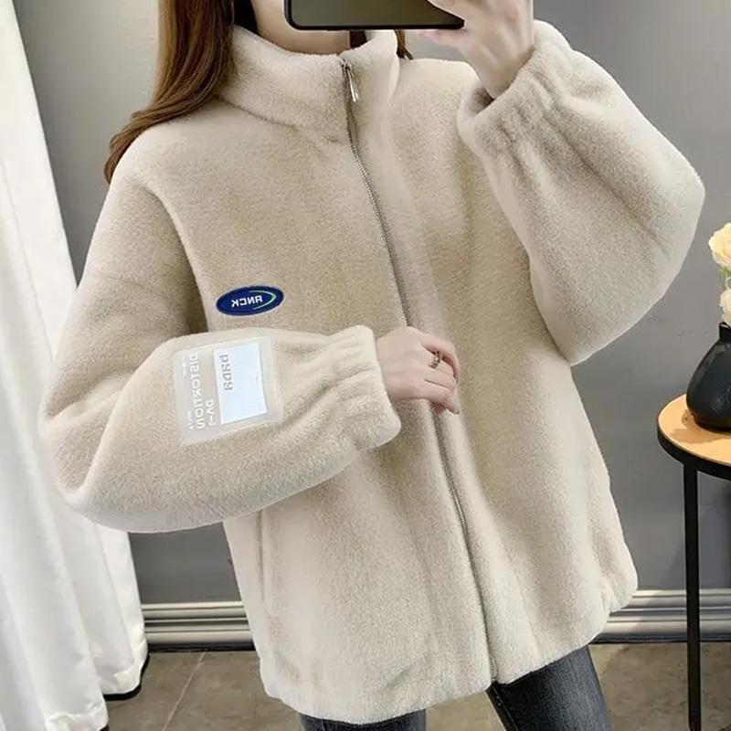 Coat for Women Fleece Thickened Plush Autumn Winter Stand Collar Top Oversize Casual Zipper Jacket