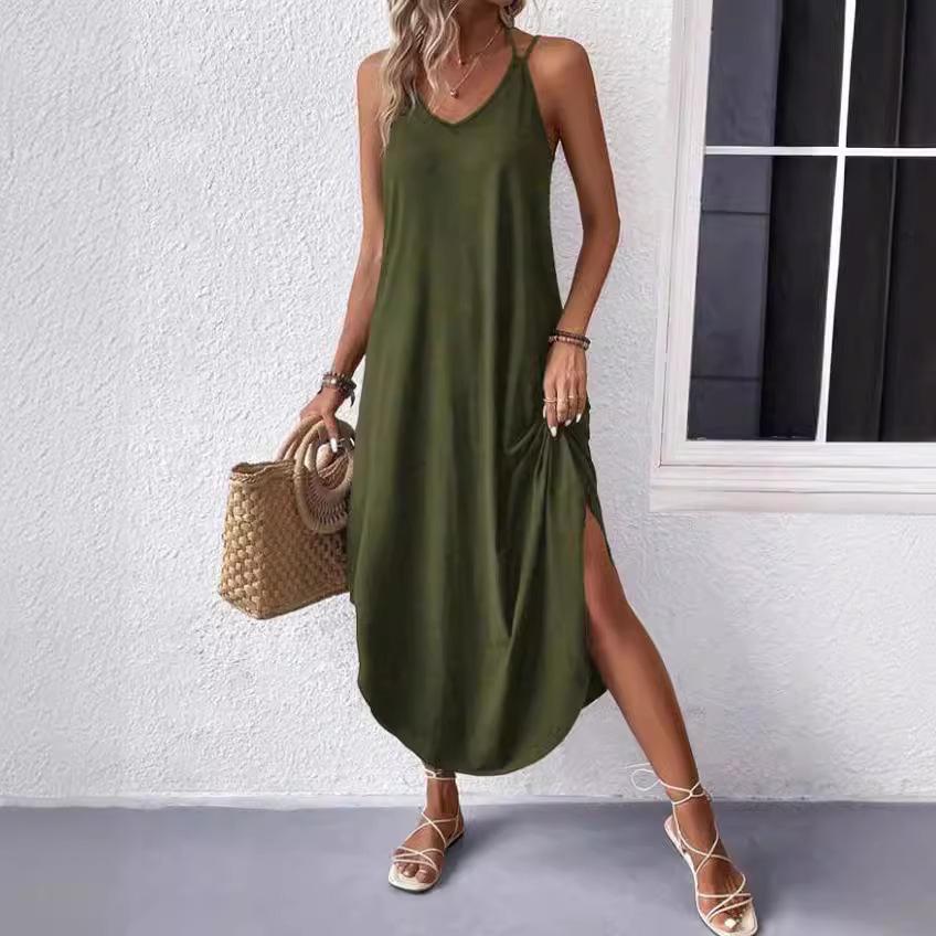 European & American Women's Solid Color Sleeveless Maxi Slip Dress
