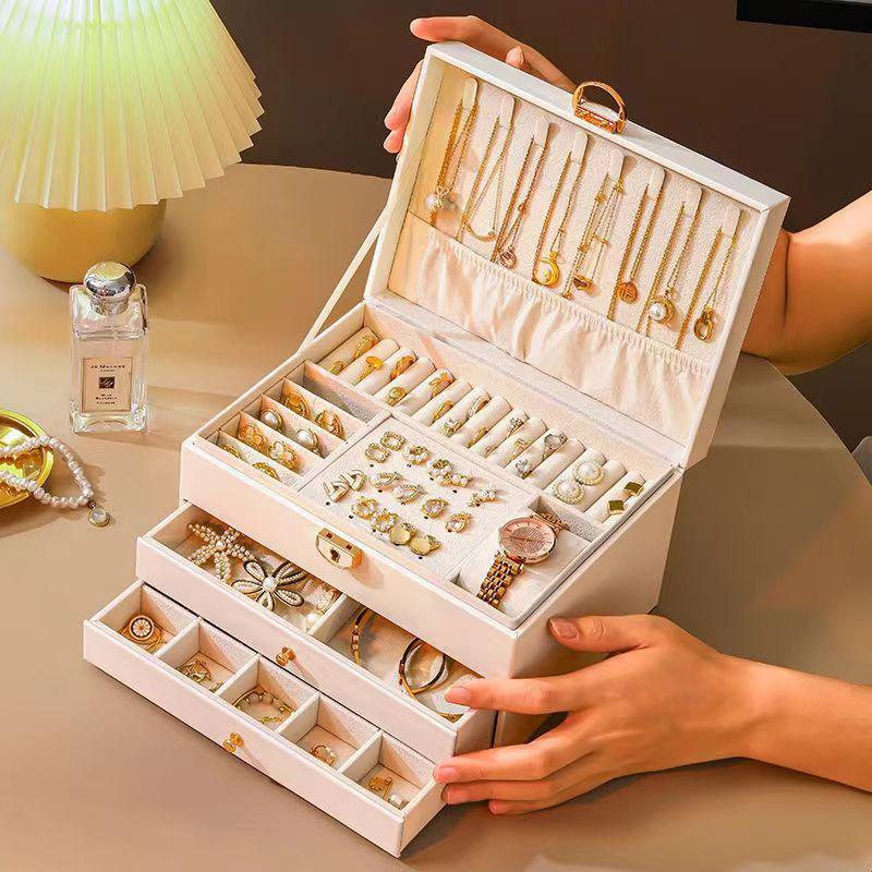 Exquisite dreischichtige Schmuckaufbewahrungsbox mit großem Fassungsvermögen und mehrschichtiger Schublade für Halsketten, Ohrringe und Handschmuck