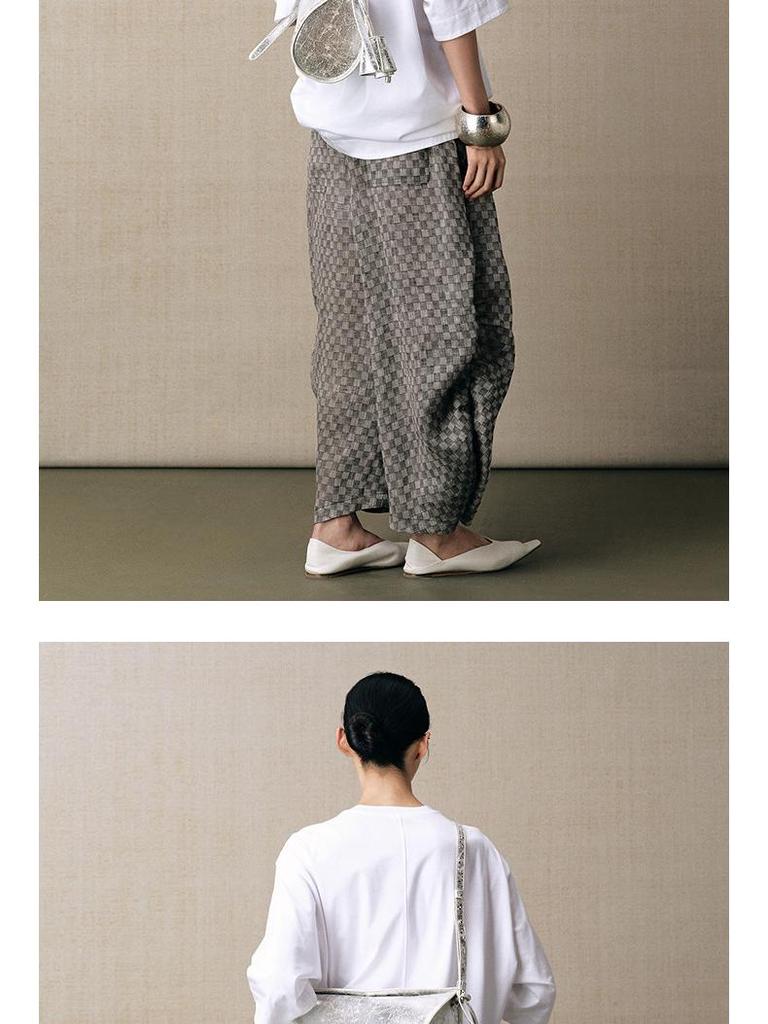 Retro Linen Plaid Pleated Casual Pants