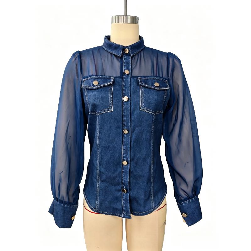 Spring New Women's Fashion Casual Faux Denim Patchwork Chiffon Long-sleeve Top