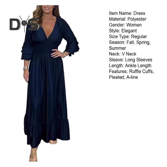Lady Evening Dress V Neck Slim Waist Ruffle Cuffs Satin Pleated Layered Hem A-line Maxi Dress Long Sleeve Wedding Party Banquet Dress