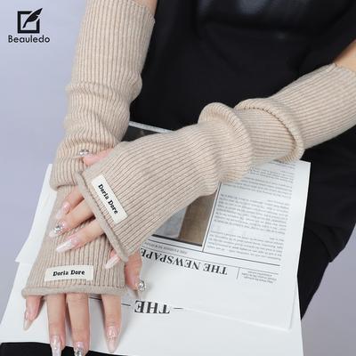 Knitted Gloves Sleeves for Women In Autumn and Winter Warm Solid Color Hand Sleeves Half Finger Wool Wrist Guards Stack Fake Sleeves Arm Cover