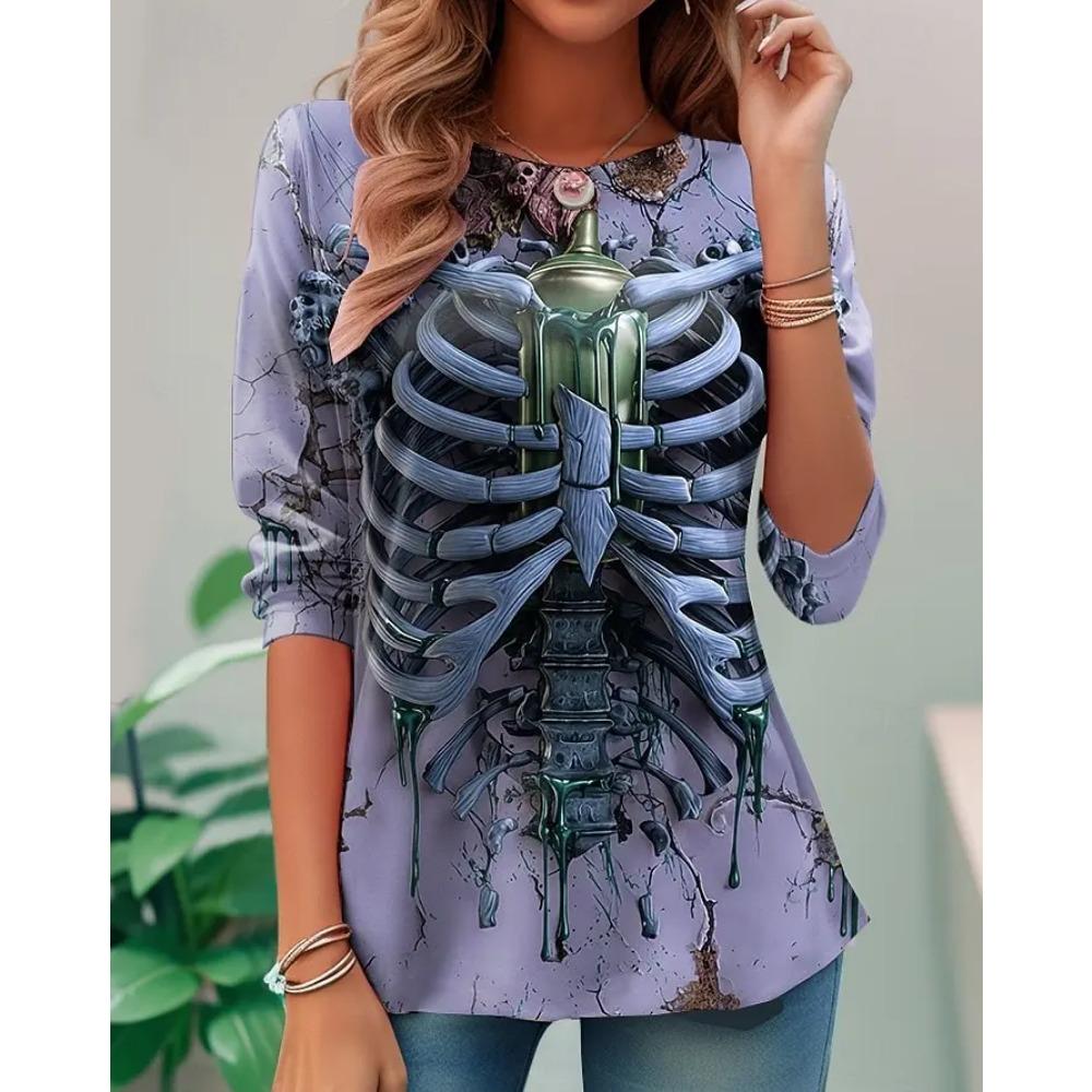 Women's Halloween 3D Printed Skull Long Sleeve T-shirts Autumn Loose Casual Round Neck Fashion Top