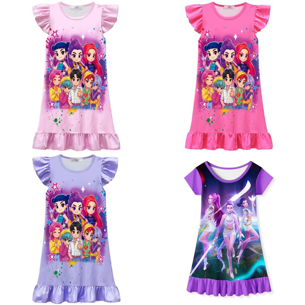 Kpop Demon Hunters Cotton Short Sleeve Sleep Dress For Kids Summer Wear
