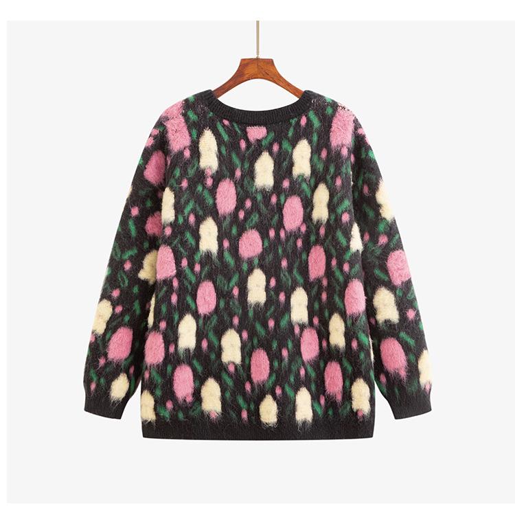 Plus Size Women's Round Neck Colorful Embroidered Knit Sweater - 2025 Winter Style Pullover