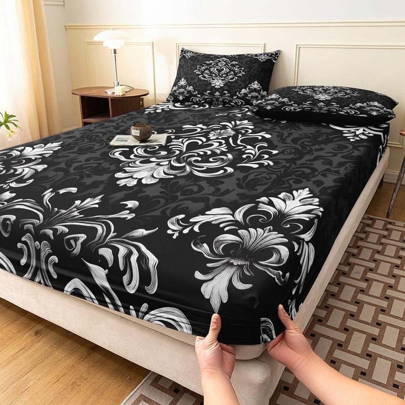 3pcs Black White Floral Digital Printed Fitted Sheet, for Home Bedroom Dormitory and Hotel Use (1 Fitted Sheet + 2 Pillowcases)