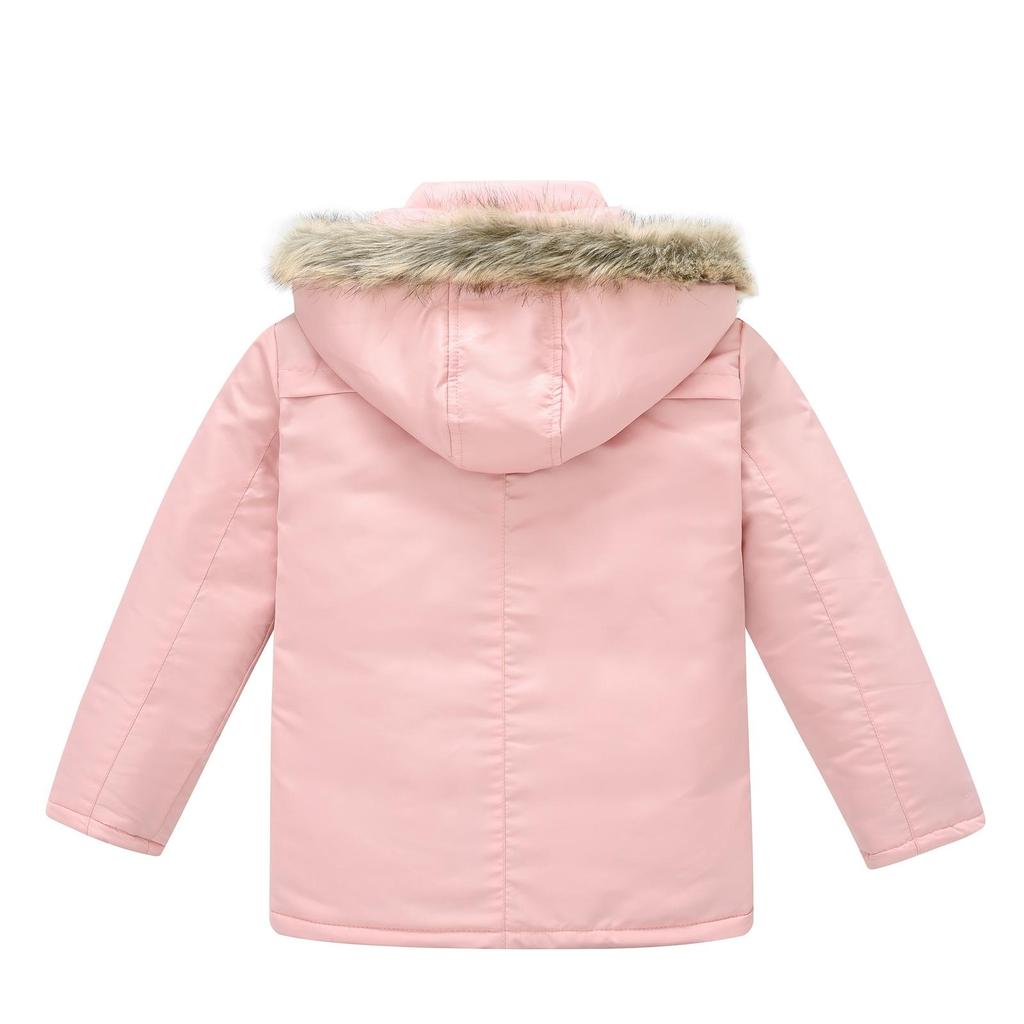 Middle and Big Children's Cotton Jacket Solid Color Thickened Warm Rushing Jacket Boys and Girls Hair Collar Removable Hooded Jacket