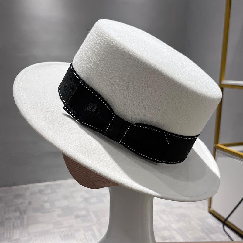 Fashion New Woolen Flat Hat Bow Decoration Personalized Elegant Top Hat Jazz Hat Versatile British Style Hat
