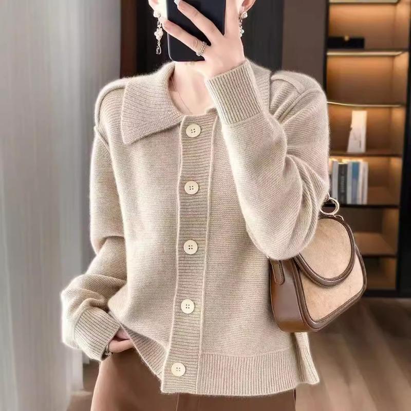 Polo Neck Knitted Cardigan Jacket Sweater Women's Autumn and Winter Lapel Thickened Outer Knitted Sweater Top Tide