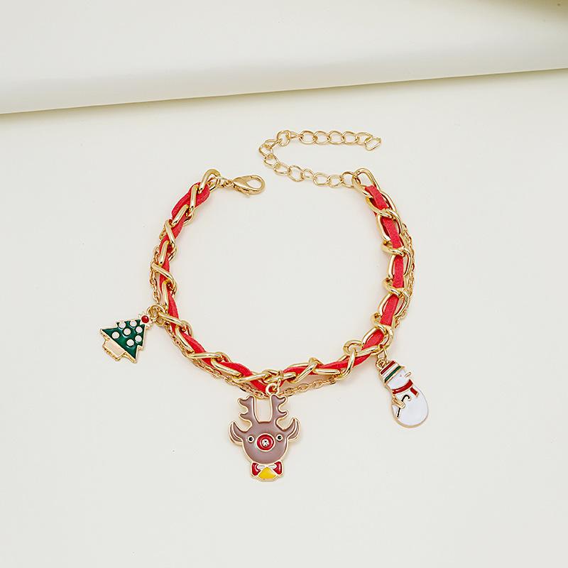 European & American Christmas Bracelet with Tree, Snowman, Candy Cane Pendants and Multi-Layer Chains - Hand Jewelry for Women
