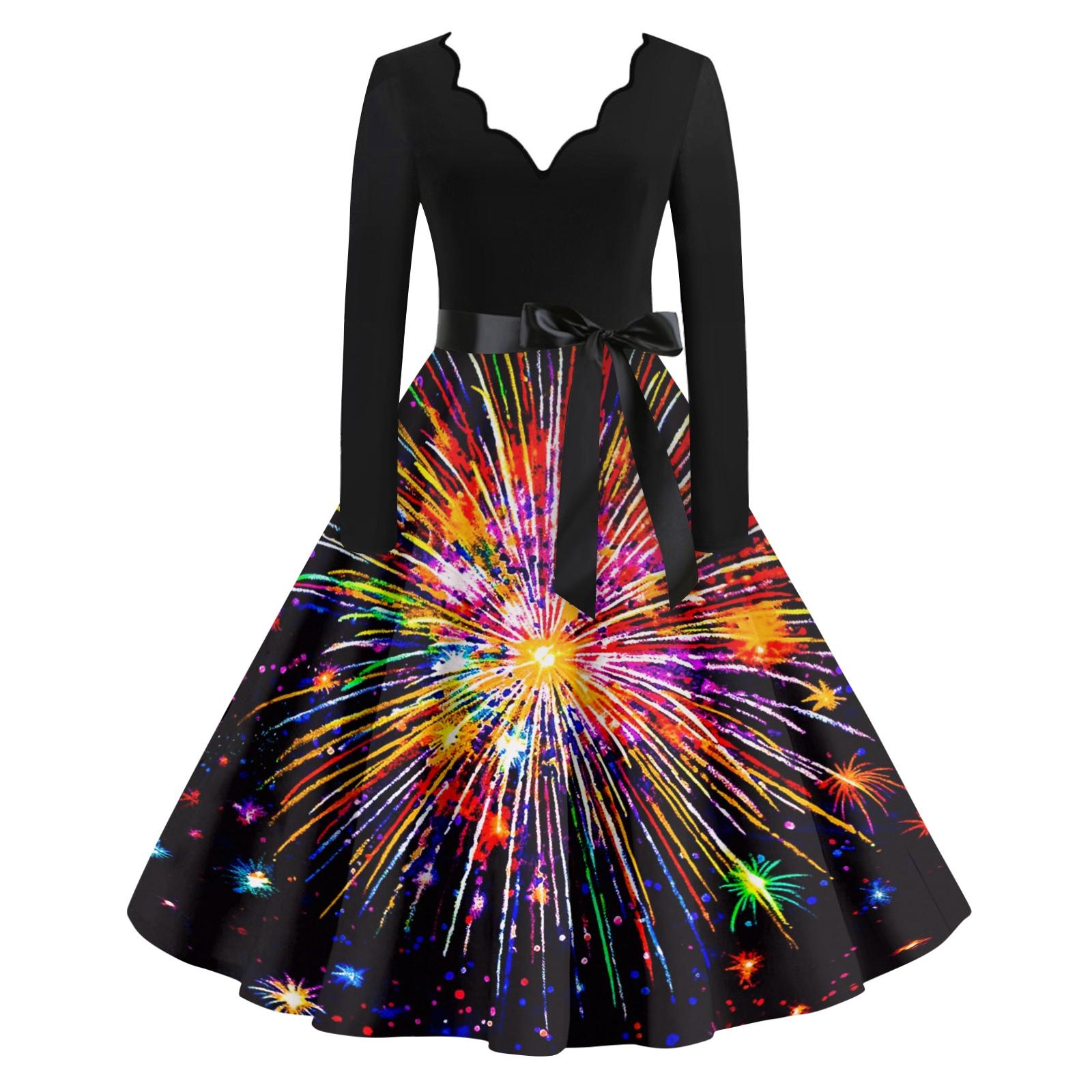 

Жіноча повсякденна мода Новорічна сукня вінтажного стилю з V-подібним вирізом і принтом M