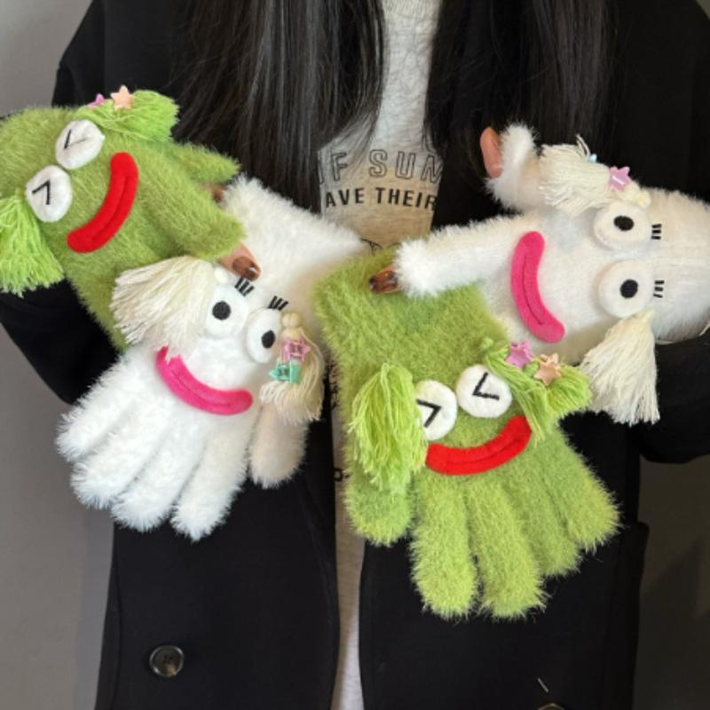 Korean version Cute funny ugly cute gloves winter female velvet warm windproof cold student riding touch screen five fingers
