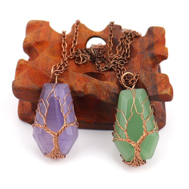 Handmade Ancient Red Copper Wound Tree Of Life Natural Crystal Stone Octahedron Necklace Fortune Tree Necklace N539