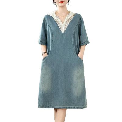 Short Sleeve Plus Size Denim Lace Vintage New In Dresses for Women Casual Loose Midi Summer Dress