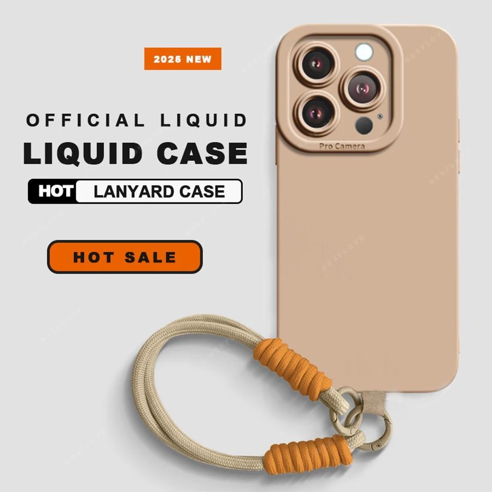 Strap Phone Case For iPhone 16 14 15 Plus 12 13 Mini 11 16 Pro X XR XS Max 16E SE Lanyard Liquid Silicone Protector Soft Cover