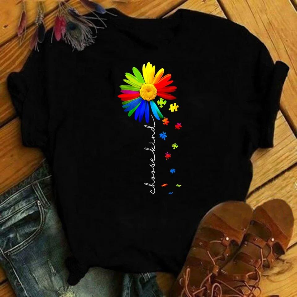 

Футболки с принтом осведомленности об аутизме Женская летняя одежда Футболка Харадзюку Графическая футболка Повседневные футболки Топы для женщин Блузки Женские 4XL