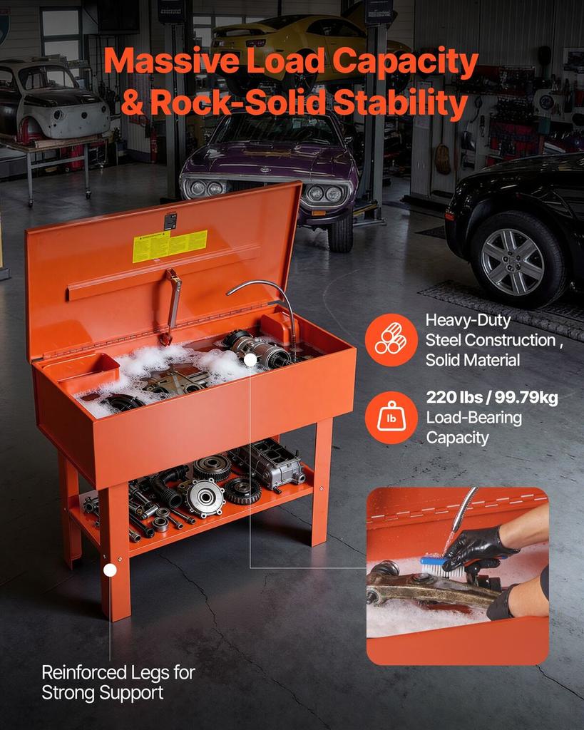 Parts Washer 151L Tank, 65L Solvent Capacity, 3L Per Minute Max Pump Output, Heavy Duty Steel Cabinet Electric Pump Automotive Parts Washer Cleaner