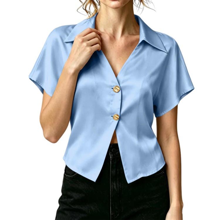 Summer Lightweight Satin Cropped Shirt V Neck Short Sleeve Blouse Relaxed Fit Button Down Top for Women Work Casual S