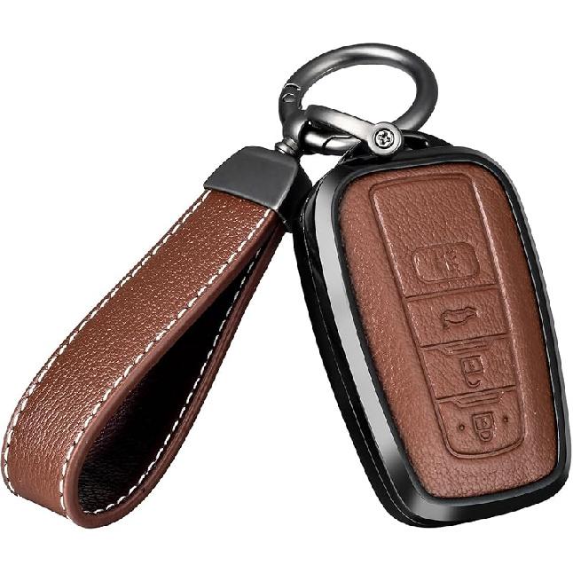 for Toyota Key Fob Cover with Keychain,  Aluminum Alloy and Leather Protection Key Case for 2018- Camry RAV4 Highlander Avalon C-HR Prius Corolla