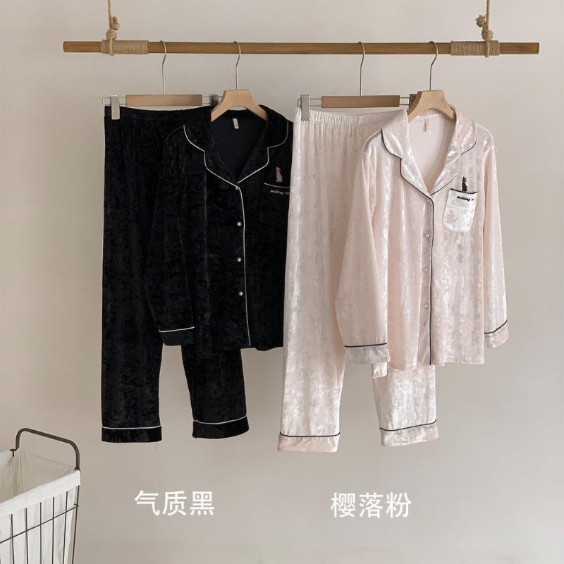 1 Light Luxury Velvet Pajamas Set Autumn and Winter New Long-sleeved Lapel Cardigan Soft Skin-friendly Loungewear Two-piece Set