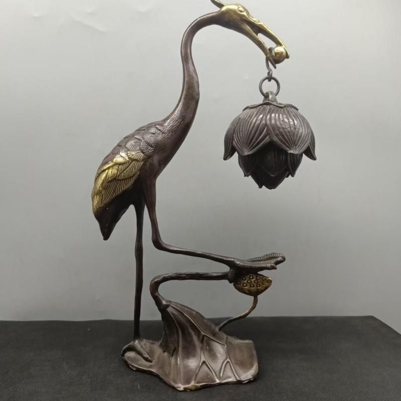 

Copperware Collection Imitation Antique Copper Gilt Crane Inlaid Lotus Incense Burner Rural Old Object Desk Decoration See detail page