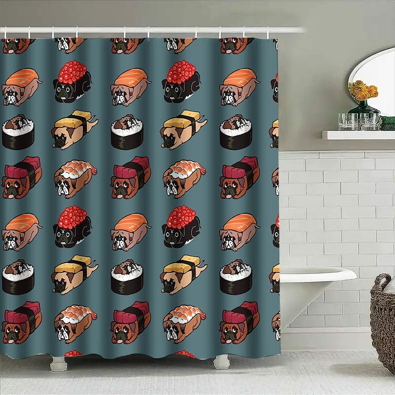 Sushi Dog Bath Curtain Japanese Kawaii Cute Pet Pug Shower Curtain Farmhouse Decor Bathroom Set Waterproof Home Decor