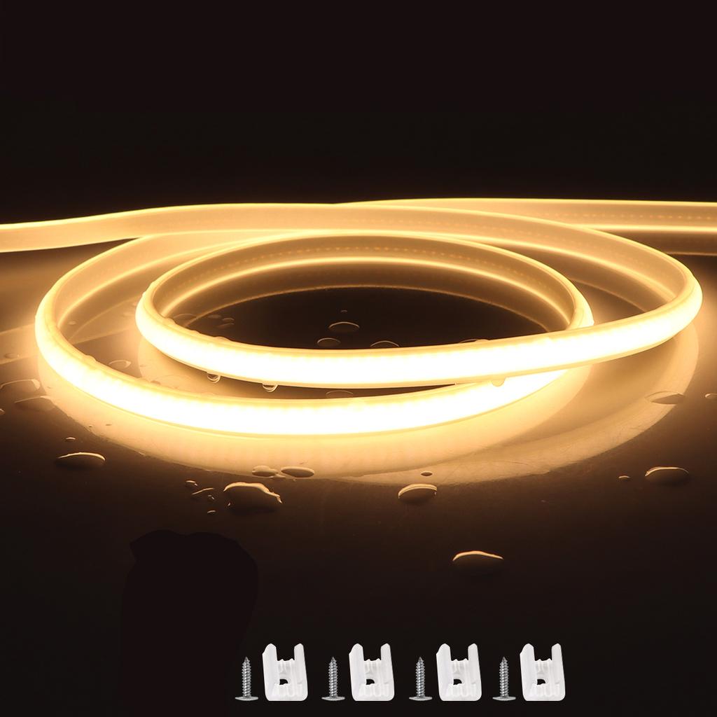 Super Bright 220V COB LED Strip Light with Switch EU Plug Waterproof Flexible Neon Tape Ribbon for Kitchen Bedroom Cabinet Room Home Decoration