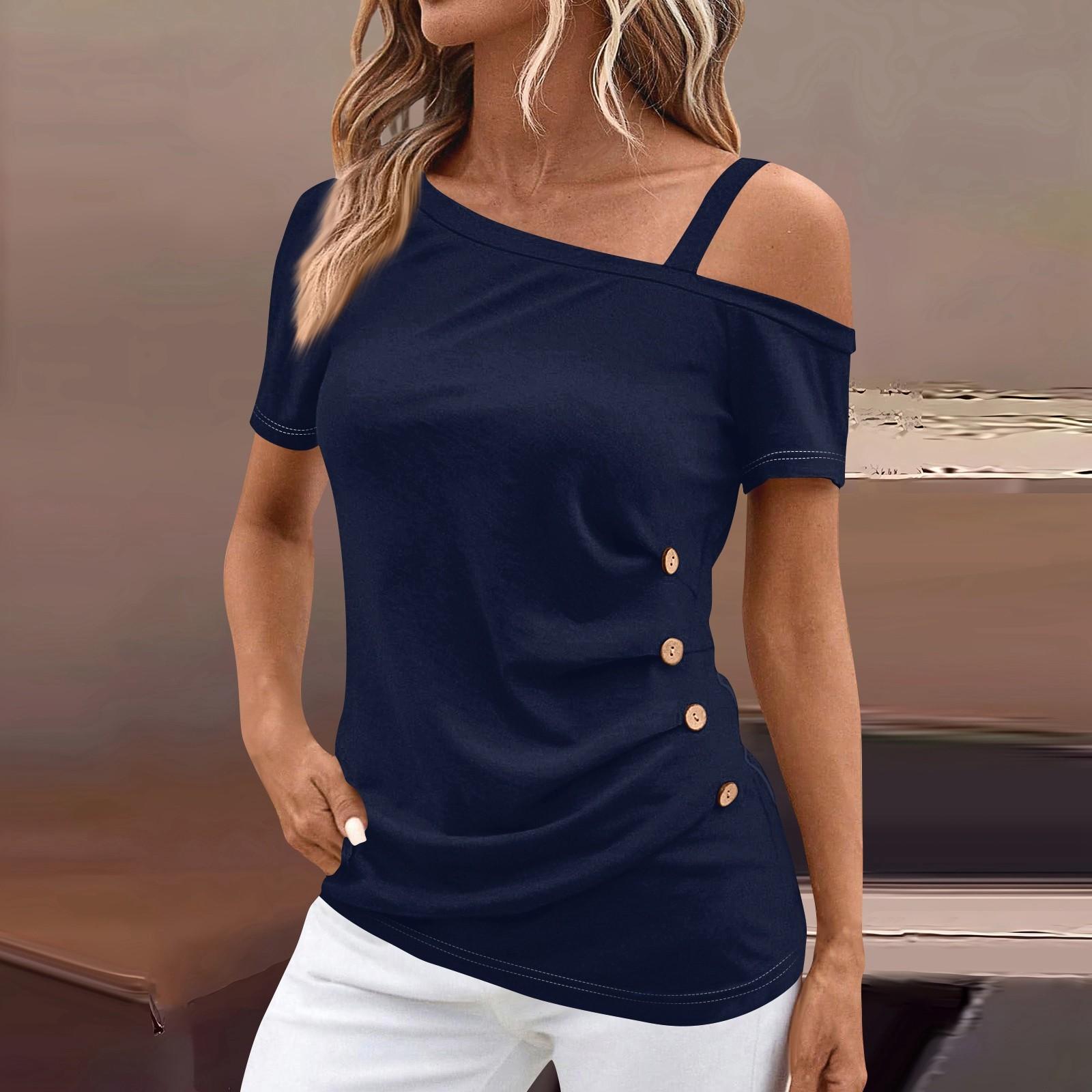 

Женские топы с открытыми плечами, плиссированные однотонные футболки с асимметричным вырезом и короткими рукавами XXL