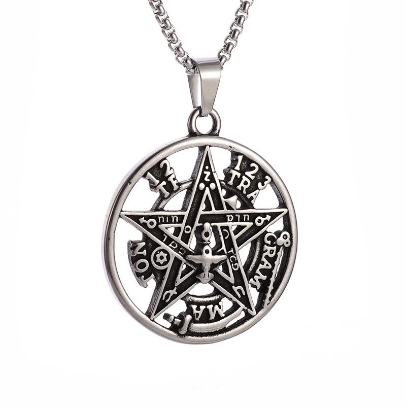Retro Punk Witchcraft Pentagram Pendant Je Hebrew Four-Word Stainless Steel Jewelry Men's and Women's Amulet Necklace