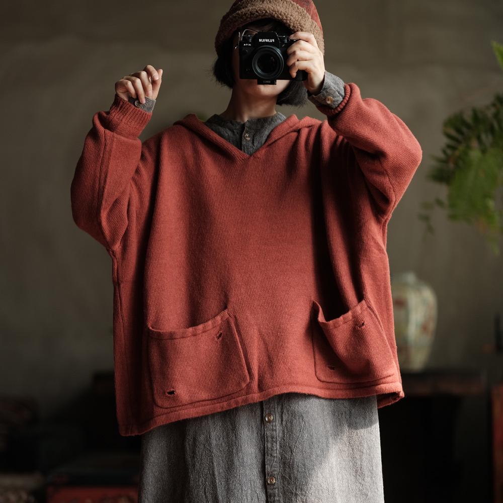Vintage Wool V-neck Hooded Sweater in Orange