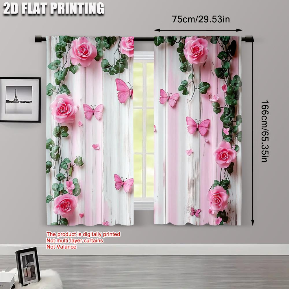 2pcs   Light Filtering Curtains 2D plane printing Garden Butterfly Print Machine Washable Fabric (without rod) Outdoor