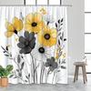 Bright yellow and gray floral patterned shower curtain, polyester fabric machine washable with hooks suitable for bathroom décor