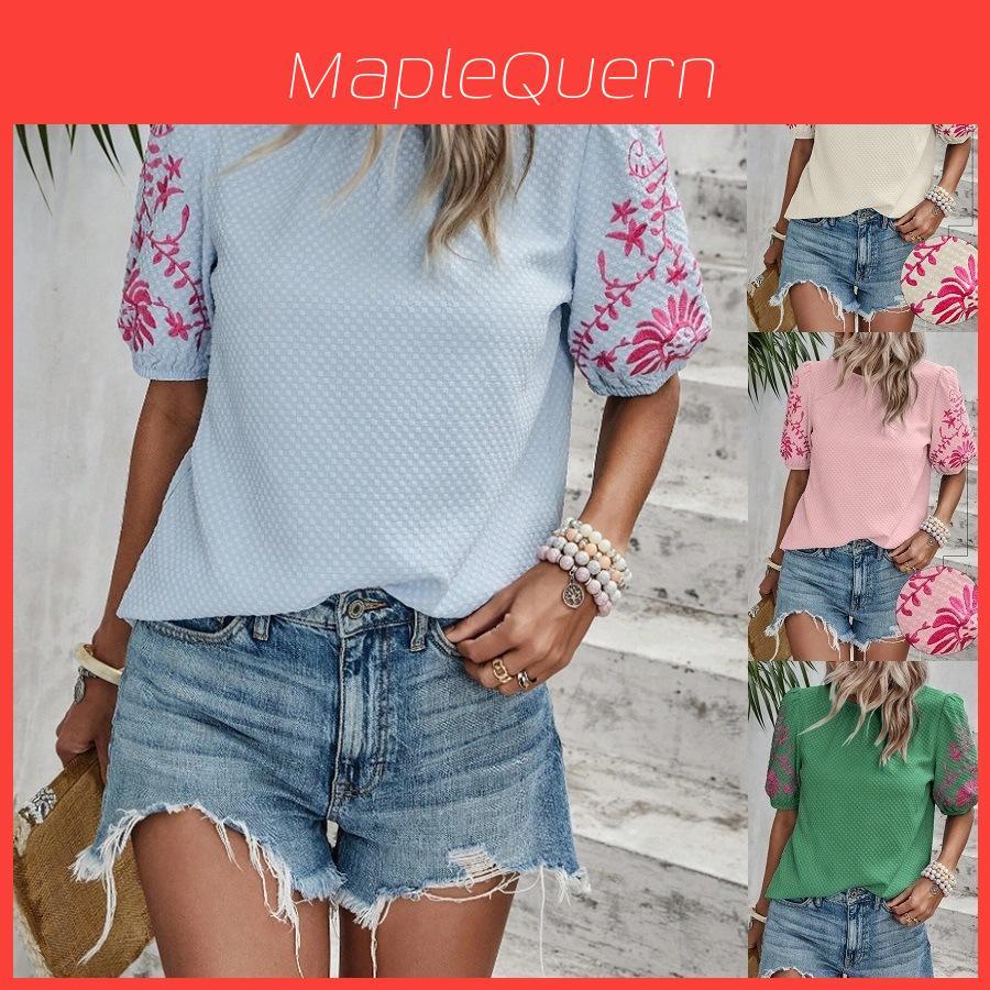 Elegante Blusa Ricamata Floreale con Maniche a Bolla per Abbigliamento Casual Primaverile