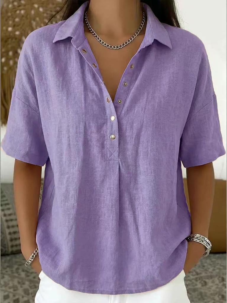 Women Loose Solid Color Lapel Short Sleeve Casual Shirt
