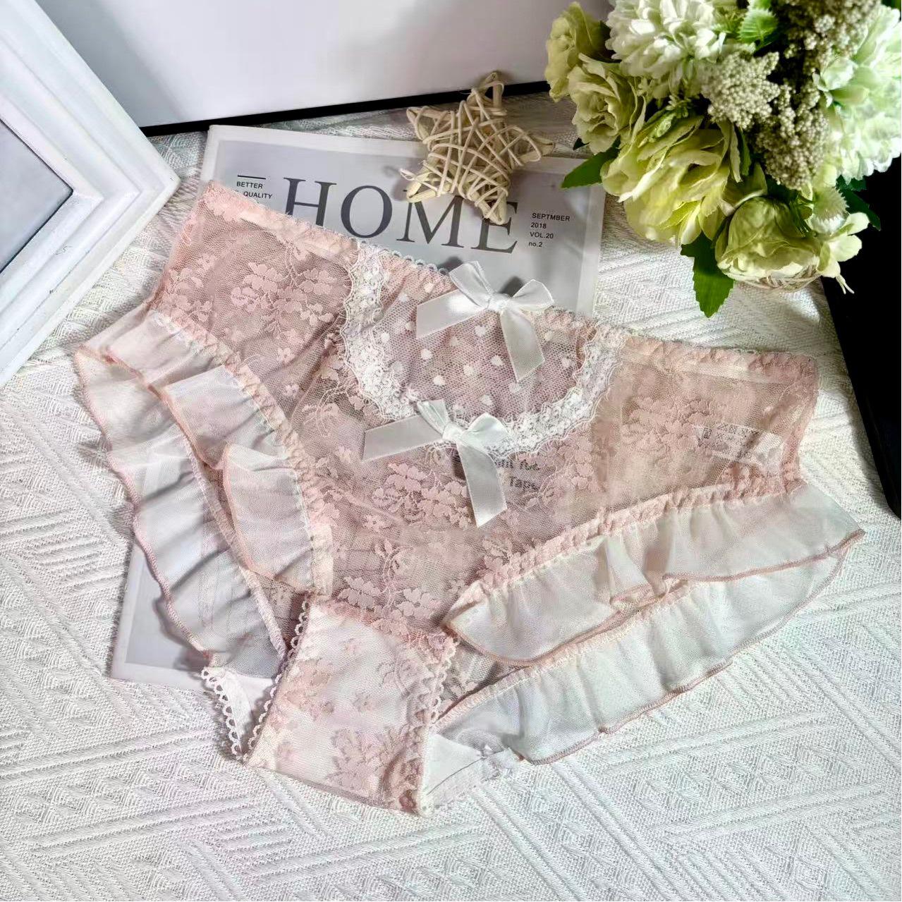 Plus Size Bow Knot Lace Trim Lolita Panties - Japanese Style M