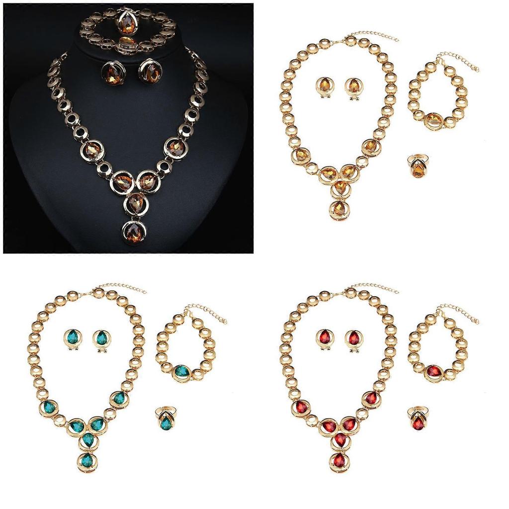 Crystal Bridal Jewelry Set Sparkly Crystal Necklace and Ring Beaded Bracelet Drop Earring for Women Wedding Outfit  Red