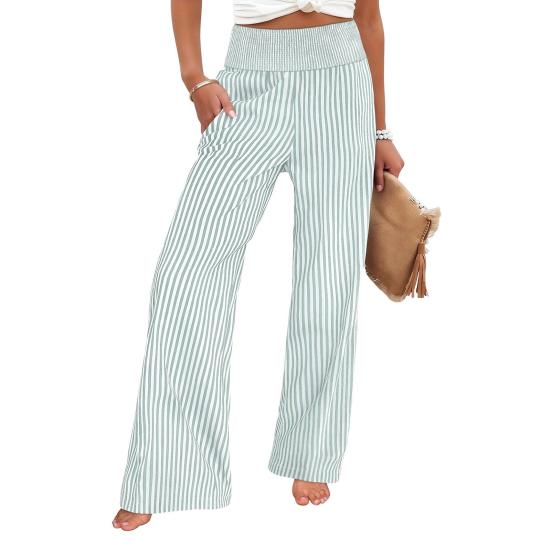 Women Pants Striped Print Wide Leg Trousers with Pockets Loose Fit Elastic High Waist Casual Pants Work Travel Daily Wear