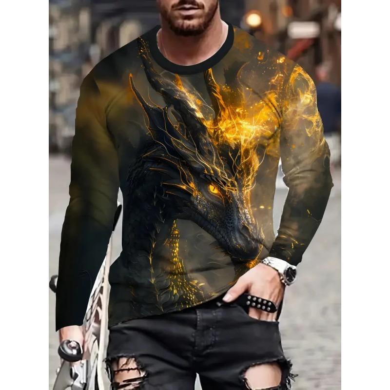 Dragon Graphic T-shirts Cool Animal Pattern Autumn Casual Long Sleeves Street O-Neck Loose Tops
