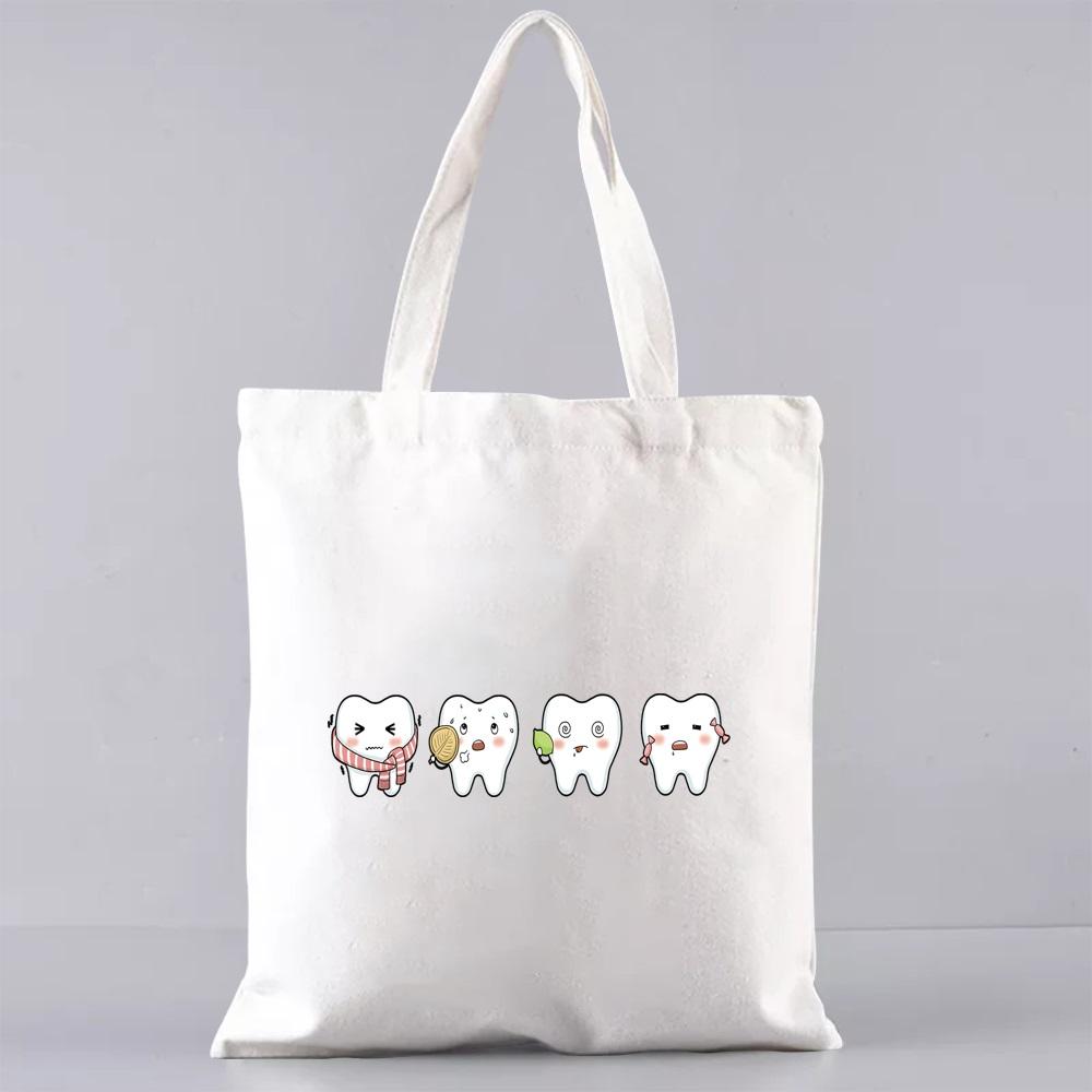 

Сумки для покупок Эко сумка через плечо Женские сумки-шопперы Многоразовые Большой вместимости Студенческая сумка для книг Узор с зубами 24*26cm