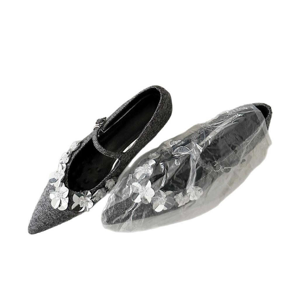 Sheepskin version~ Japanese sequined flower shallow mouth temperament Mary Jane shoes women's new French inner height-increasing pointed single shoes