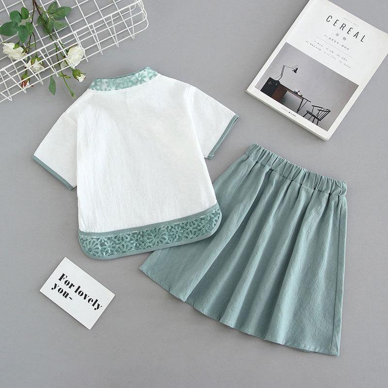 Kız Çocuk Yabancı Stil Retro Çin Stili Hanbok Takımı Küçük Kız Çiğsam Yarım Etek Yaz İki Parça Takım